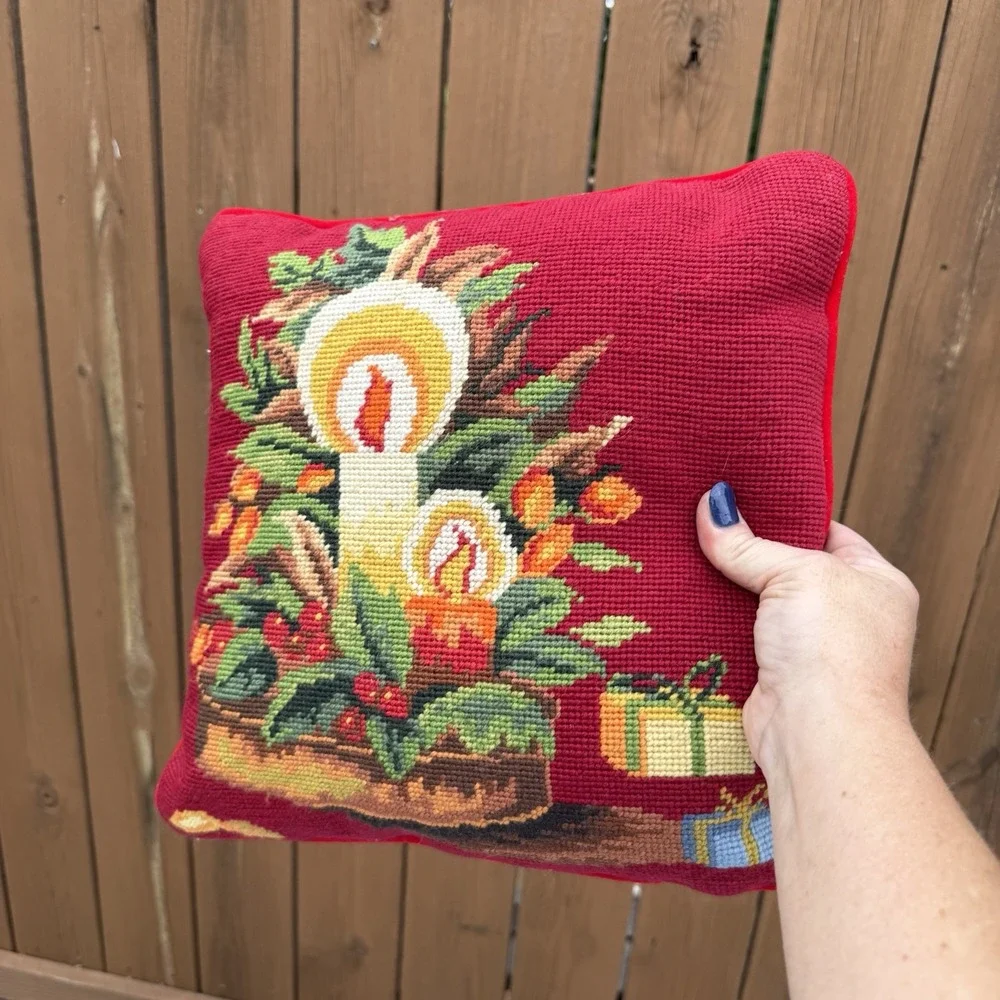 VTG Needlepoint Christmas Candle Pillow Velvet Back 12